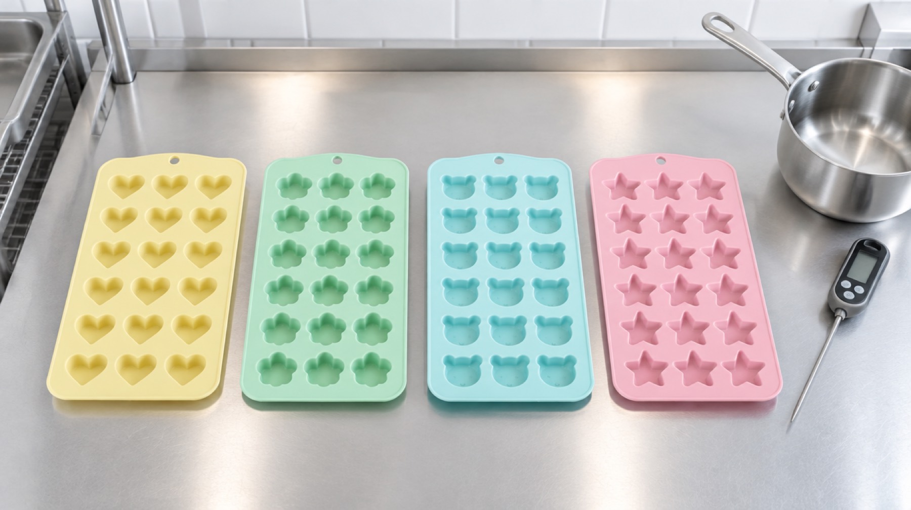 Empty pastel silicone moulds in yellow, mint, cyan and pink on a white steel counter beside a saucepan and a probe thermometer