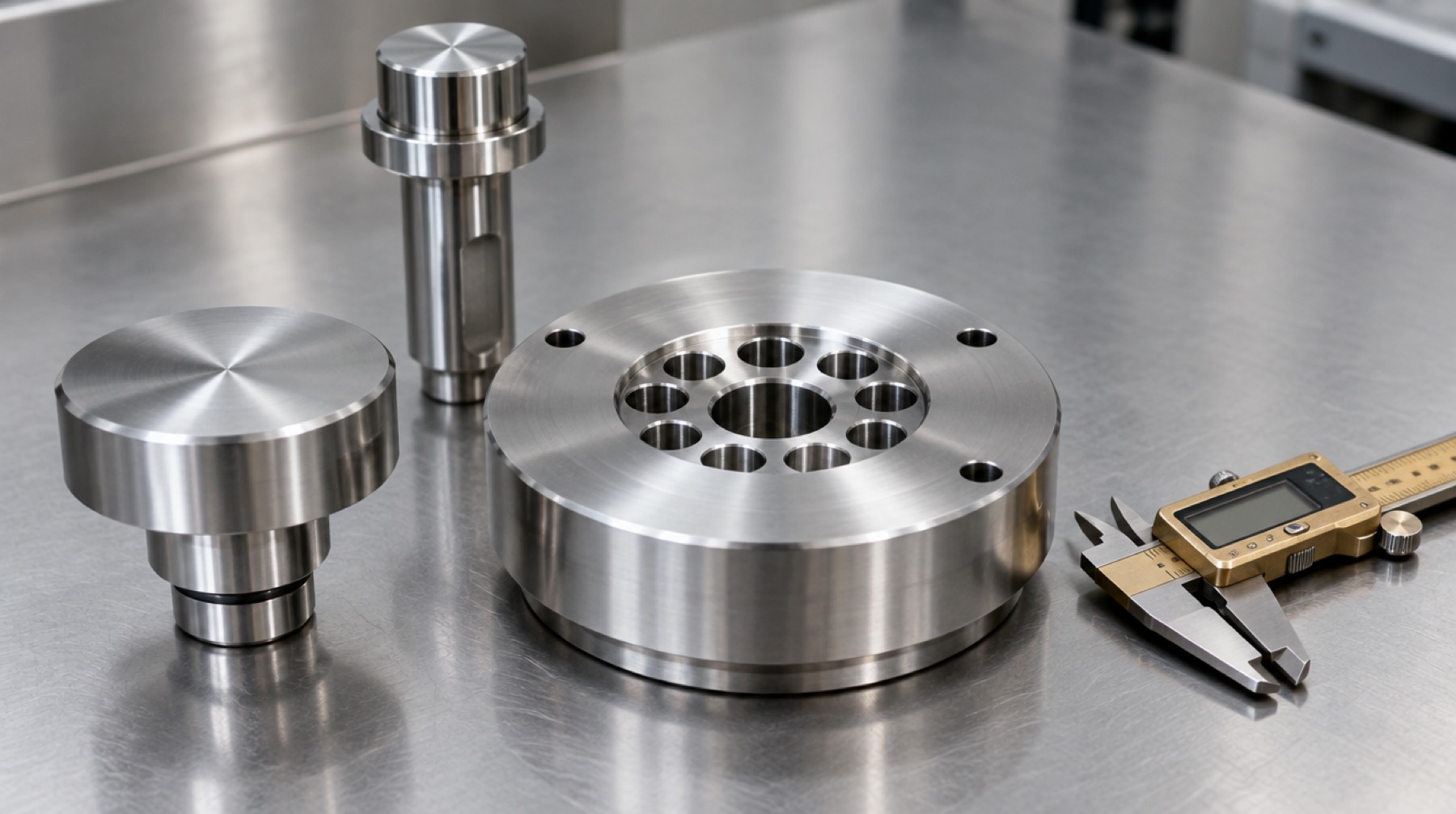 Polished stainless steel press punches and a round die plate on a steel workbench beside a small caliper